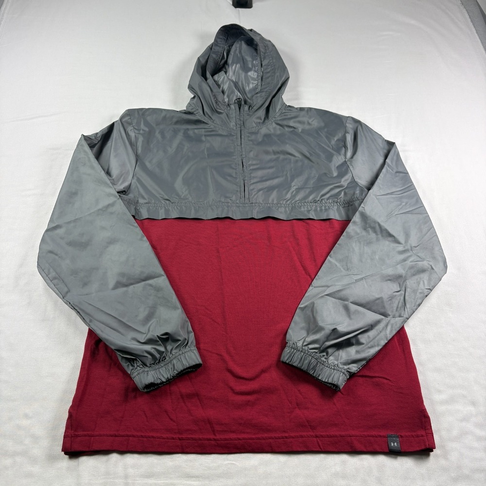Under Armour Jacket Mens M Gray Red Windbreaker 1/2 Zip Pullover Lightweight